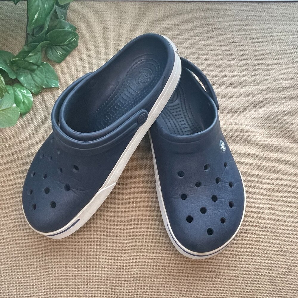 CROCS Slip-On Shoes/Clogs - Navy with White Band - Size men’s 9, women’s 11.